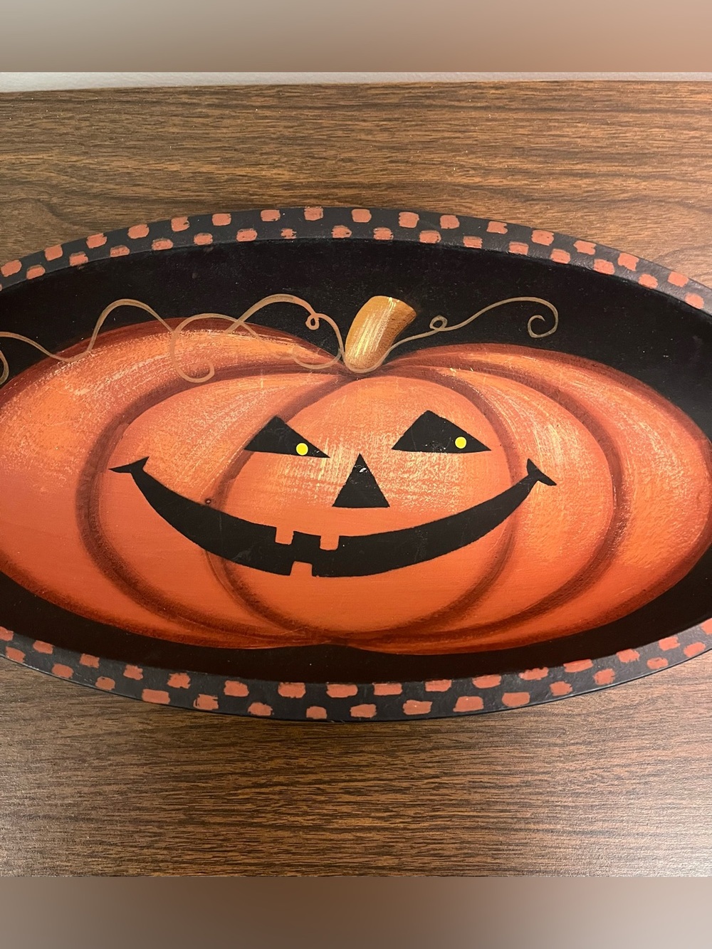 Halloween Pumpkin Wooden Oval Oblong Bowl Hand Painted Designs By Kathy - Picture 3 of 8